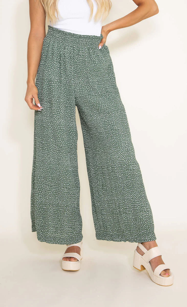 Dotted Smocked Waist Wide Leg Pants for Women in Green