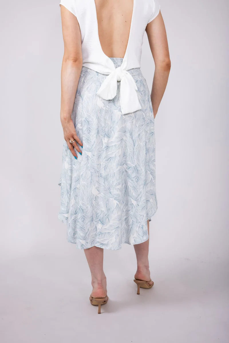 Ditsy Floral Smocked Waist Midi Skirt for Women in Dusty Blue/White