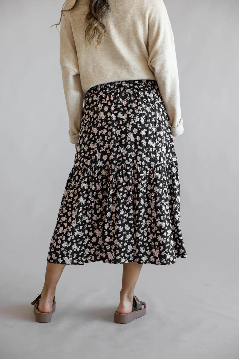 Ditsy Floral Tiered Smocked Waist Midi Skirt for Women in Black/Taupe